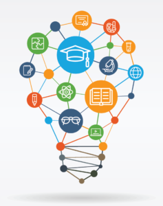 Lightbulb of abstract icons depicting methods to educate via learning management systems.