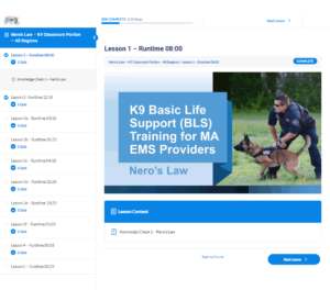 Neros-Law-Course-and-Lessons-Displayed-3 Neros Course was developed as part of a learning management system to train EMS personell how to care for working dogs hurt in the line of duty.